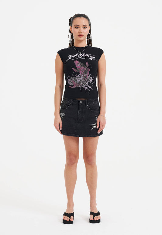 Womens Koi Fish Diamante Cap Sleeve T-Shirt Top - Black