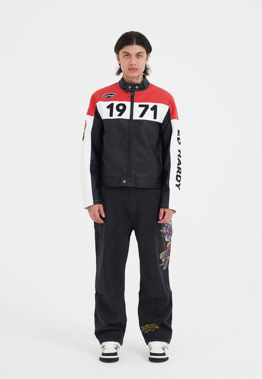 Mens ED-1971 Moto Biker Jacket- Black/Red/White