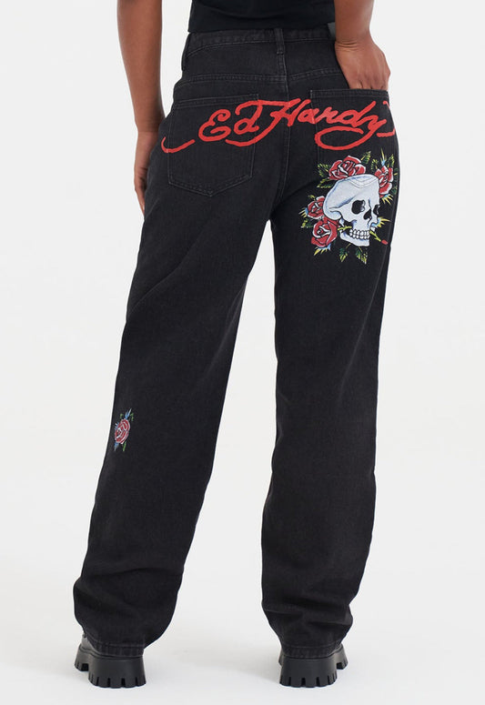 Womens Blooming Death Relaxed Denim Trousers Jeans - Black