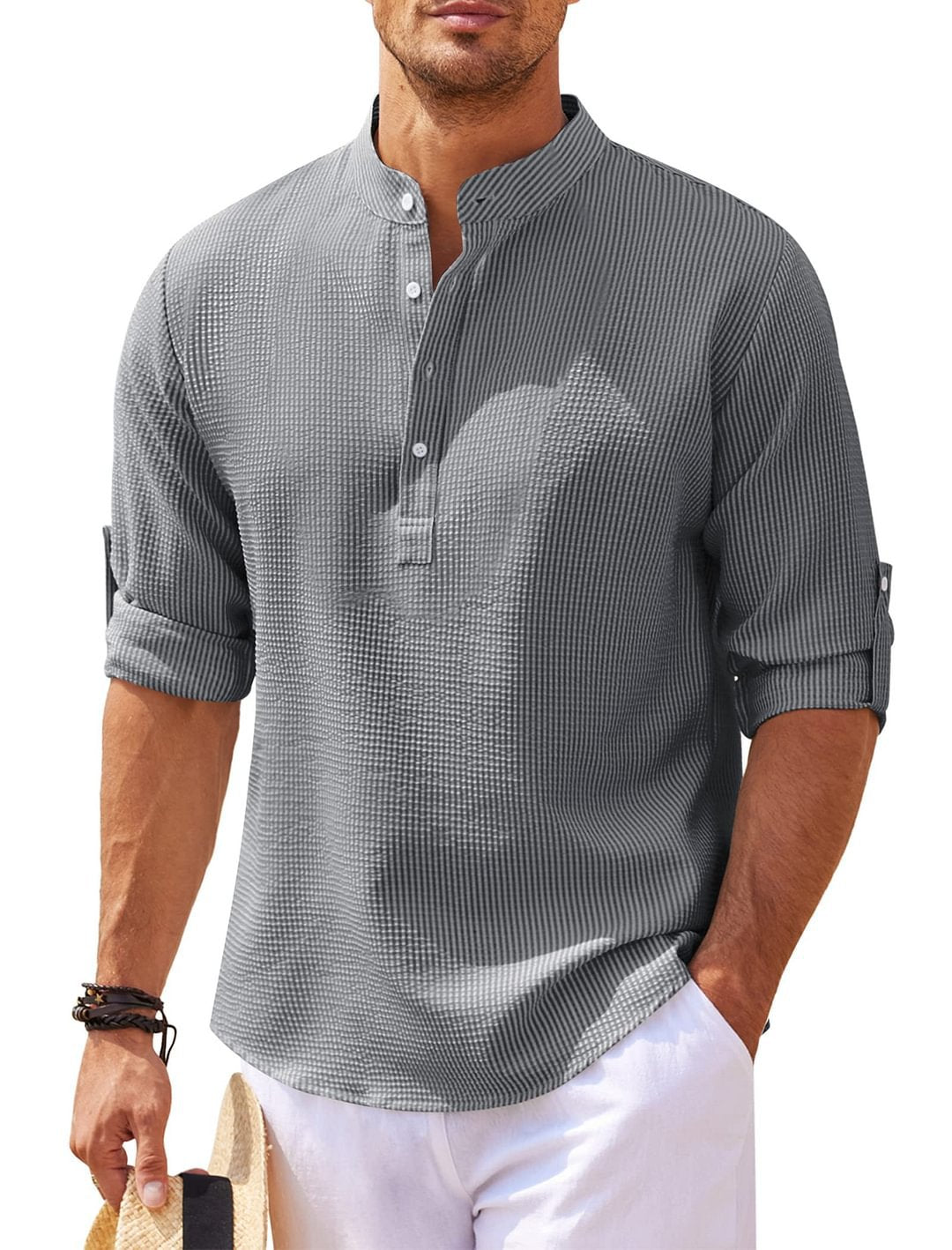 Men's Stand Collar Open Button Shirt Casual Shirt Tops