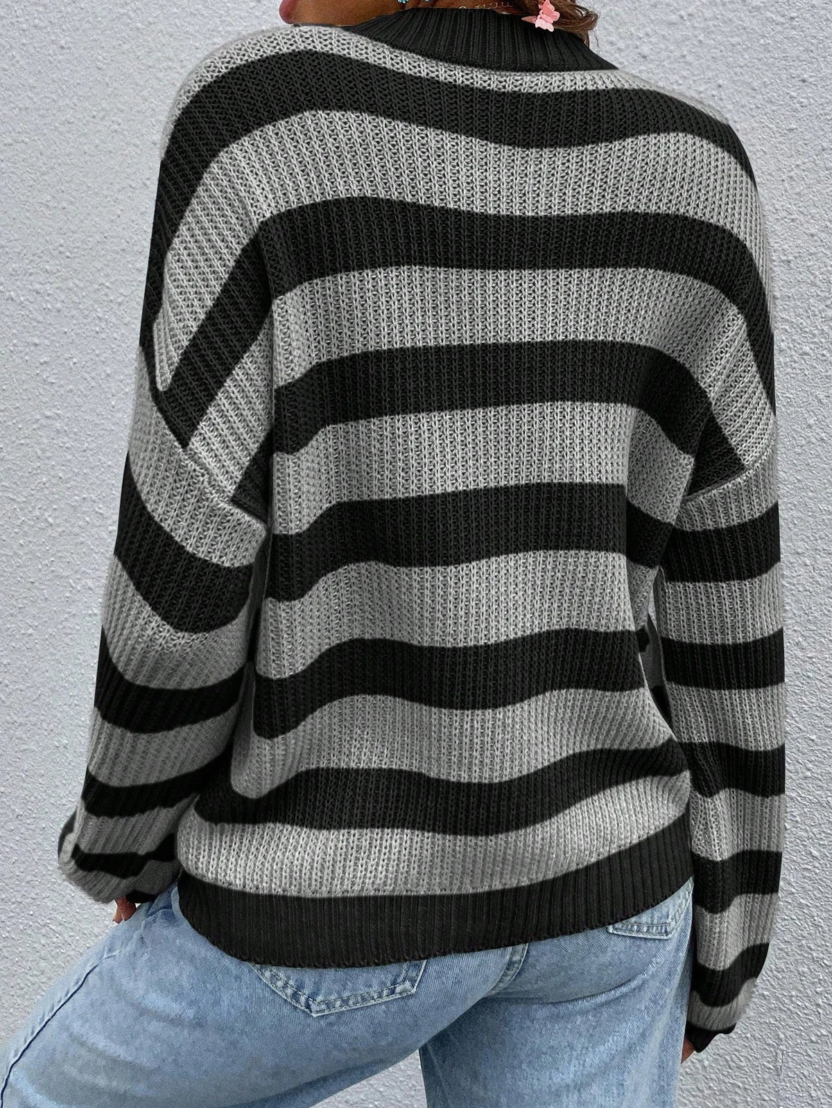 SoleilVie Striped Pattern Drop Shoulder Sweater,Long Sleeve Tops Knit Pullover Fall Winter Sweater