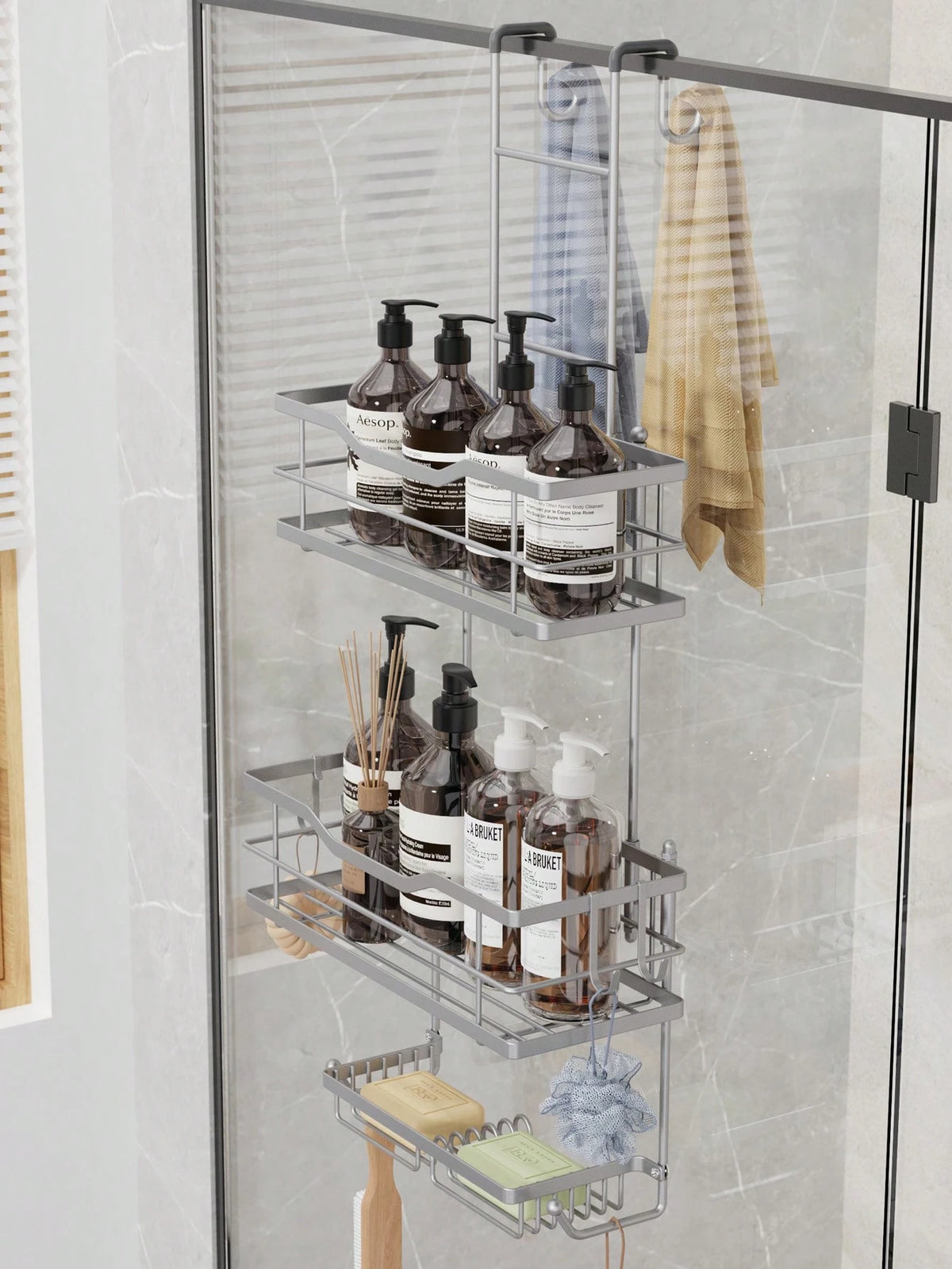 3-Tier Over-The-Door Shower Caddy, Rust-Proof Metal Bathroom Storage Rack With Drainage Basket, Hooks And Razor Holder, Suitable For Glass Shower Doors, Black And Silver