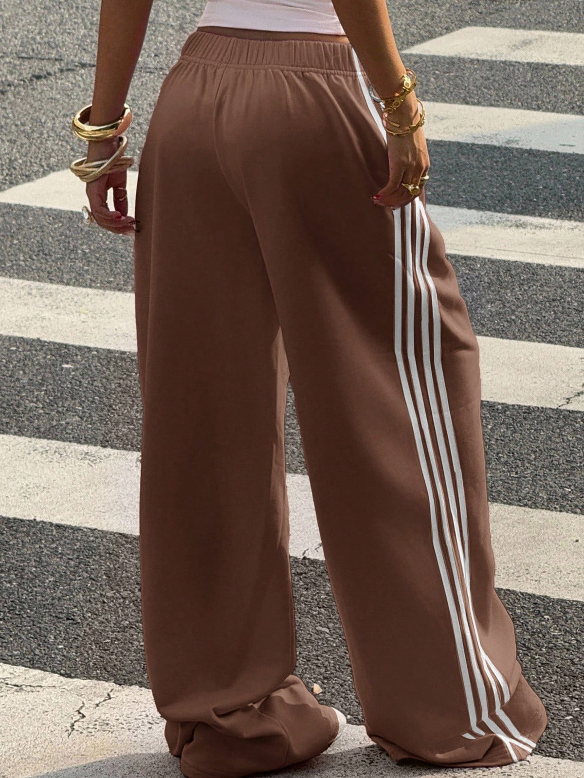 Muchica Women's Chocolate Brown Casual Wide Leg Sweatpants With Side Stripe Detail And Extra Long Knitted Fabric