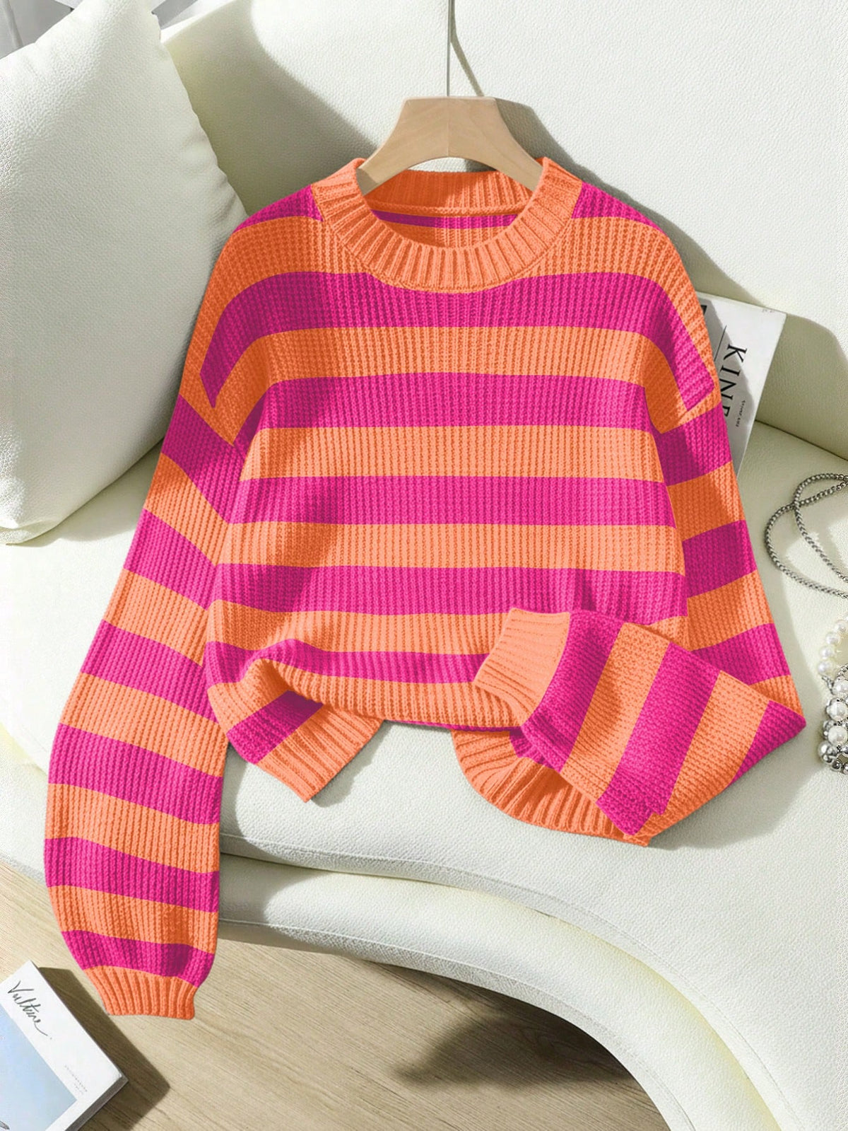 SoleilVie Striped Pattern Drop Shoulder Sweater,Long Sleeve Tops Knit Pullover Fall Winter Sweater