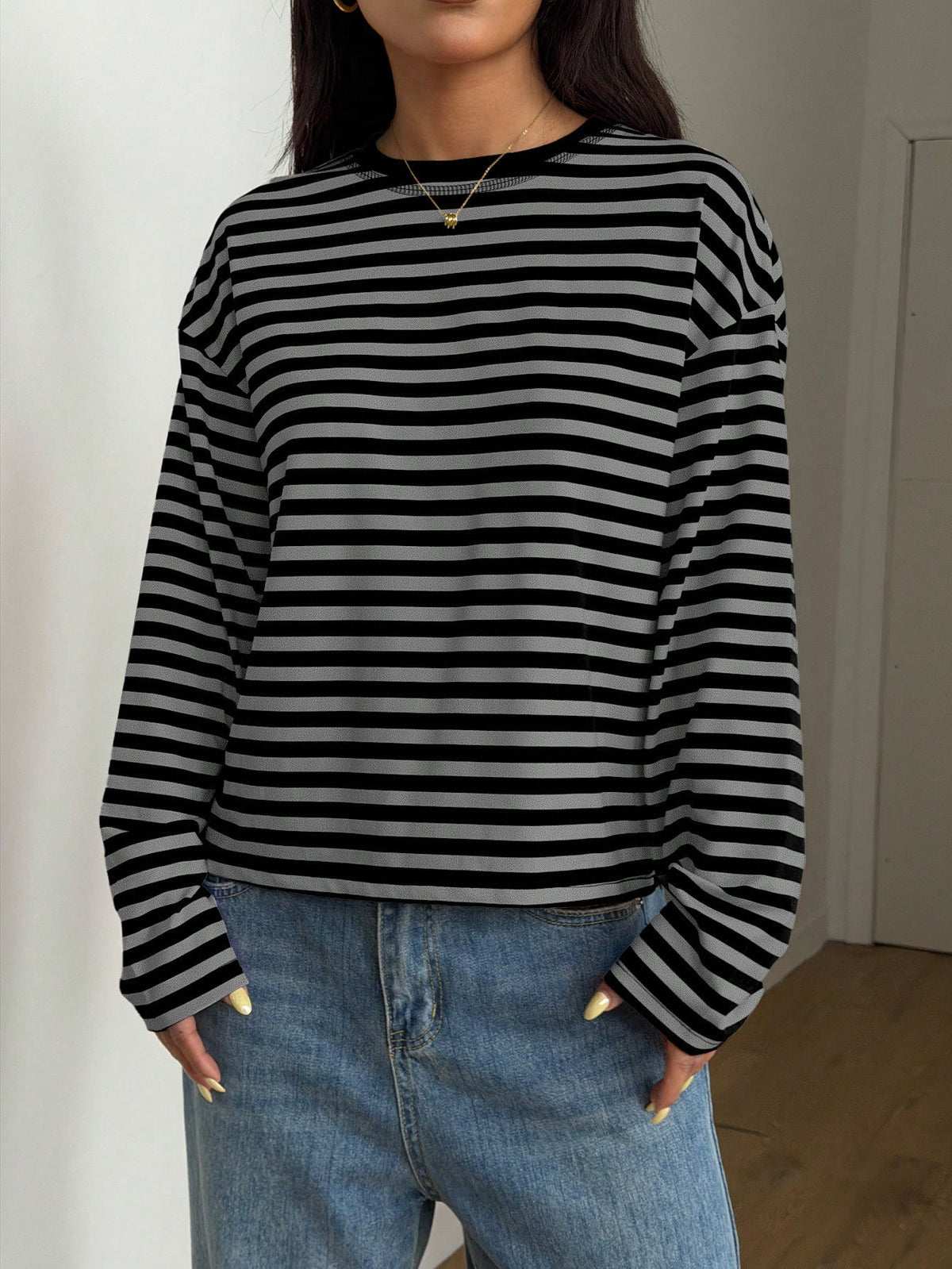 Women's Casual Top, Striped Contrast Ribbed Knit, Everyday Wear, Spring/Autumn
