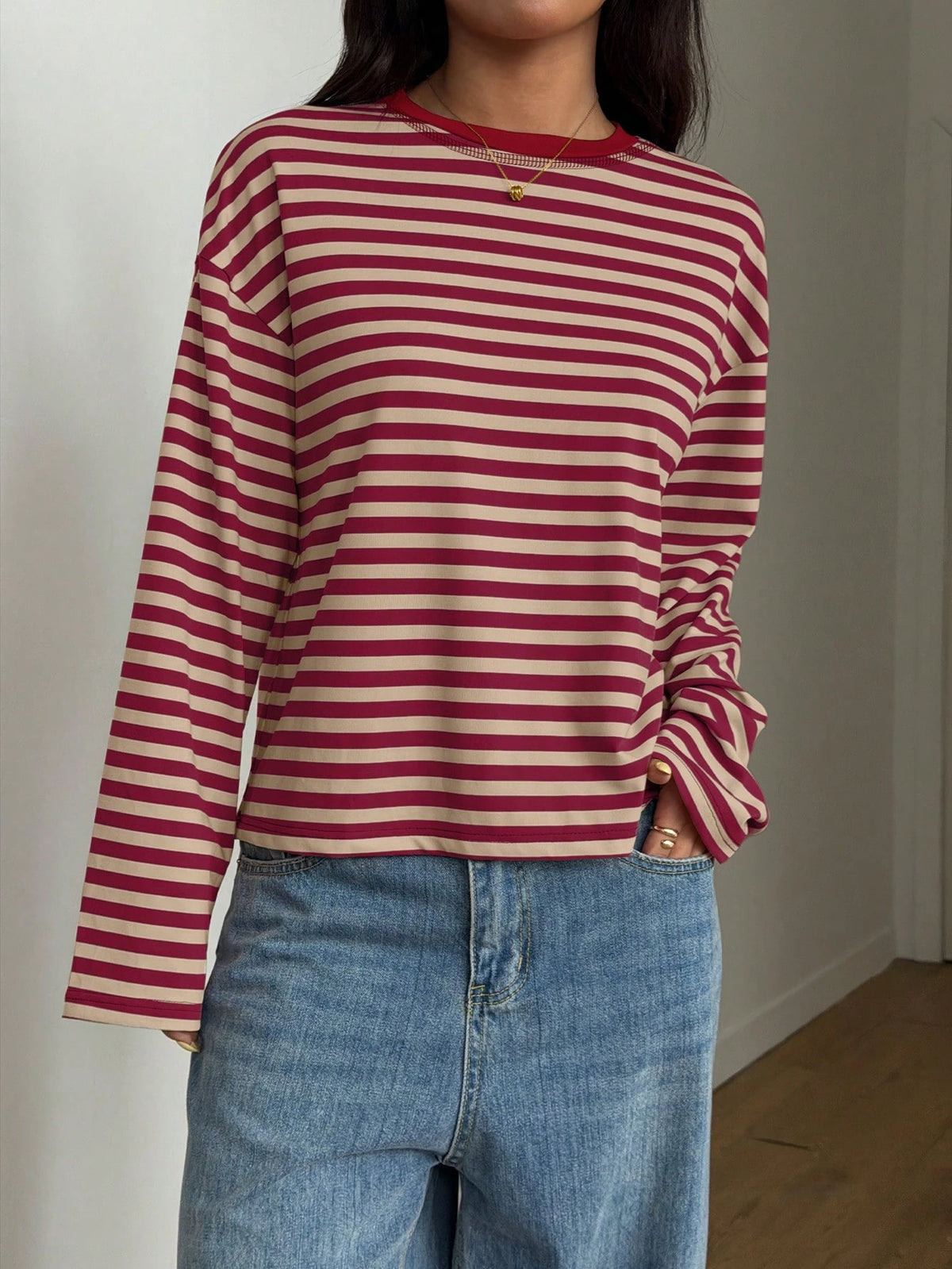 Women's Casual Top, Striped Contrast Ribbed Knit, Everyday Wear, Spring/Autumn