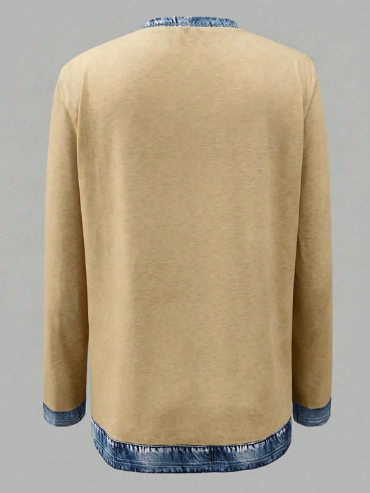 EMERY ROSE Women's Round Neck Color Block Casual Everyday Wear Long Sleeve T-Shirt