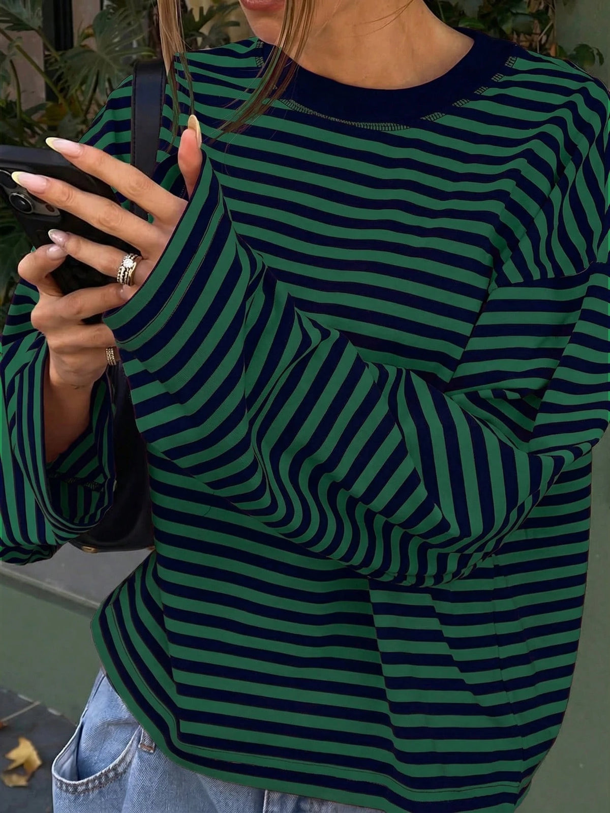 Women's Casual Top, Striped Contrast Ribbed Knit, Everyday Wear, Spring/Autumn