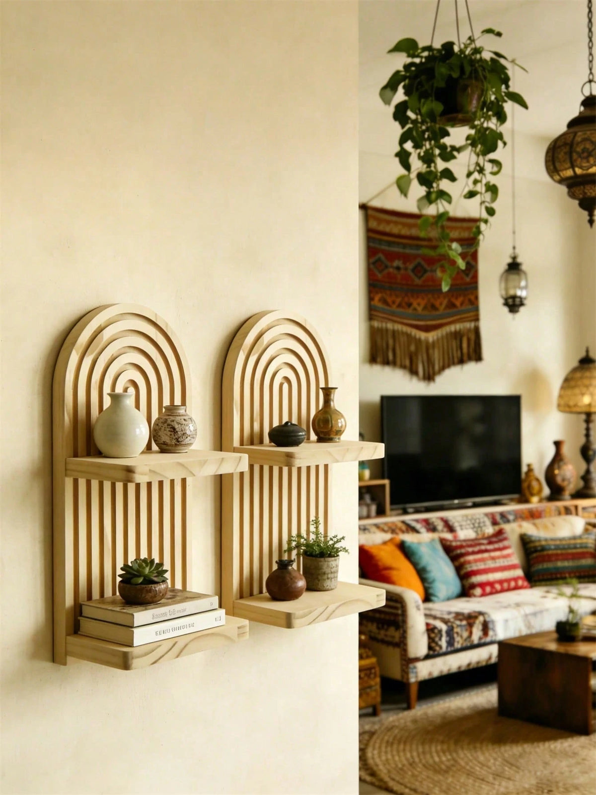 OBOVAY 1Pc Bohemian Style Wave Patterned Wooden Wall Frame,Rainbow Arch & Farmhouse Wall Racks