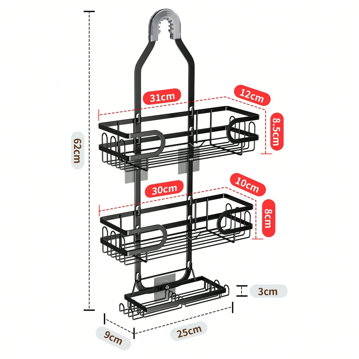 3-Tier Over-The-Door Shower Caddy, Rust-Proof Metal Bathroom Storage Rack With Drainage Basket, Hooks And Razor Holder, Suitable For Glass Shower Doors, Black And Silver