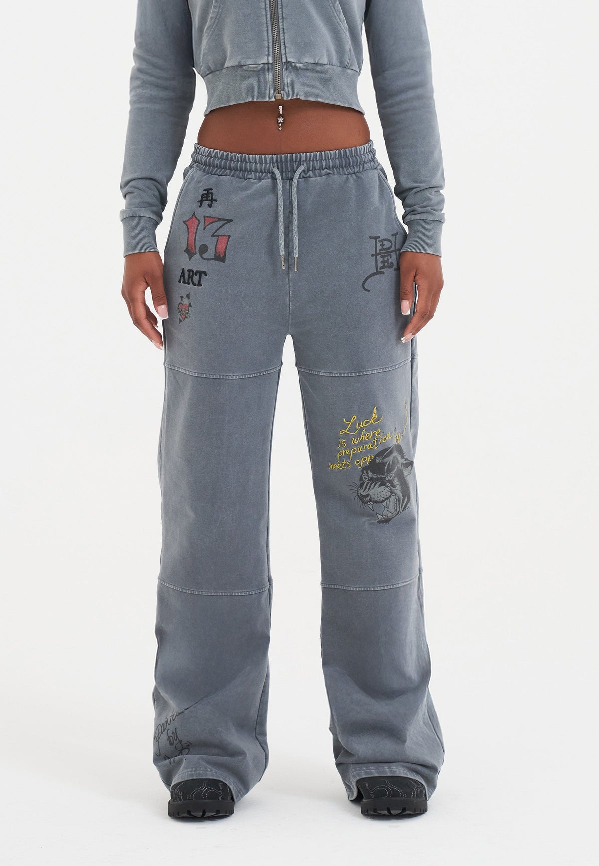 Womens Tattoo Collage Seam Detail Wide Leg Joggers - Charcoal