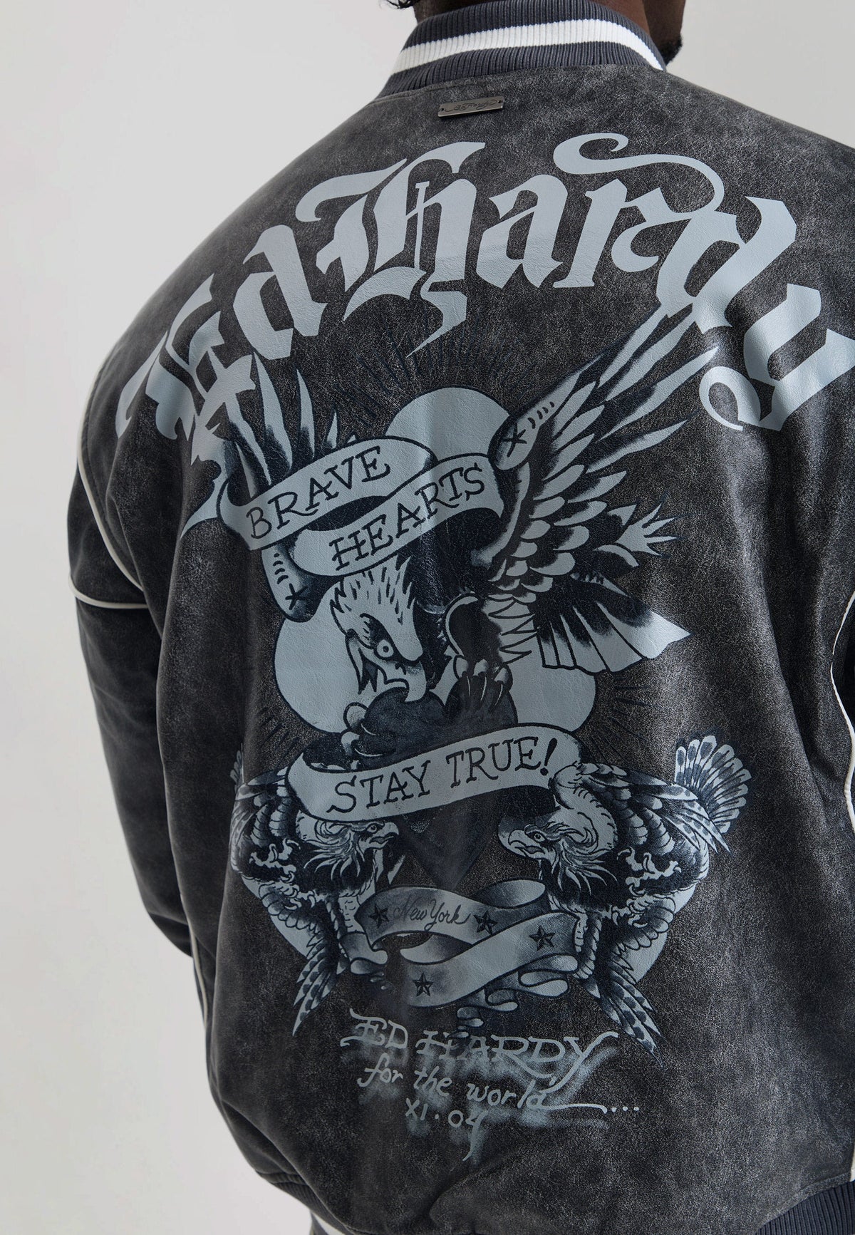 Mens Brave Eagle Pu Relaxed Bomber Jacket - Black