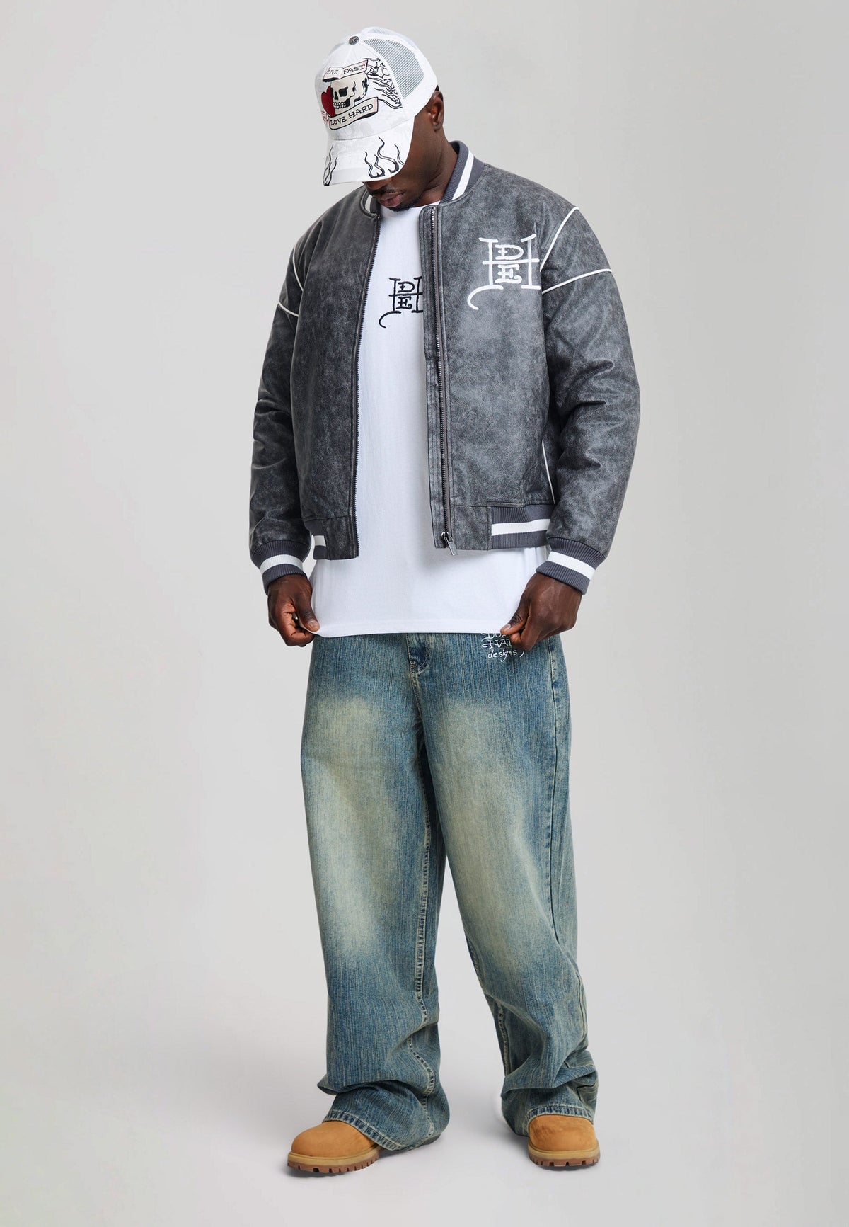 Mens Brave Eagle Pu Relaxed Bomber Jacket - Black