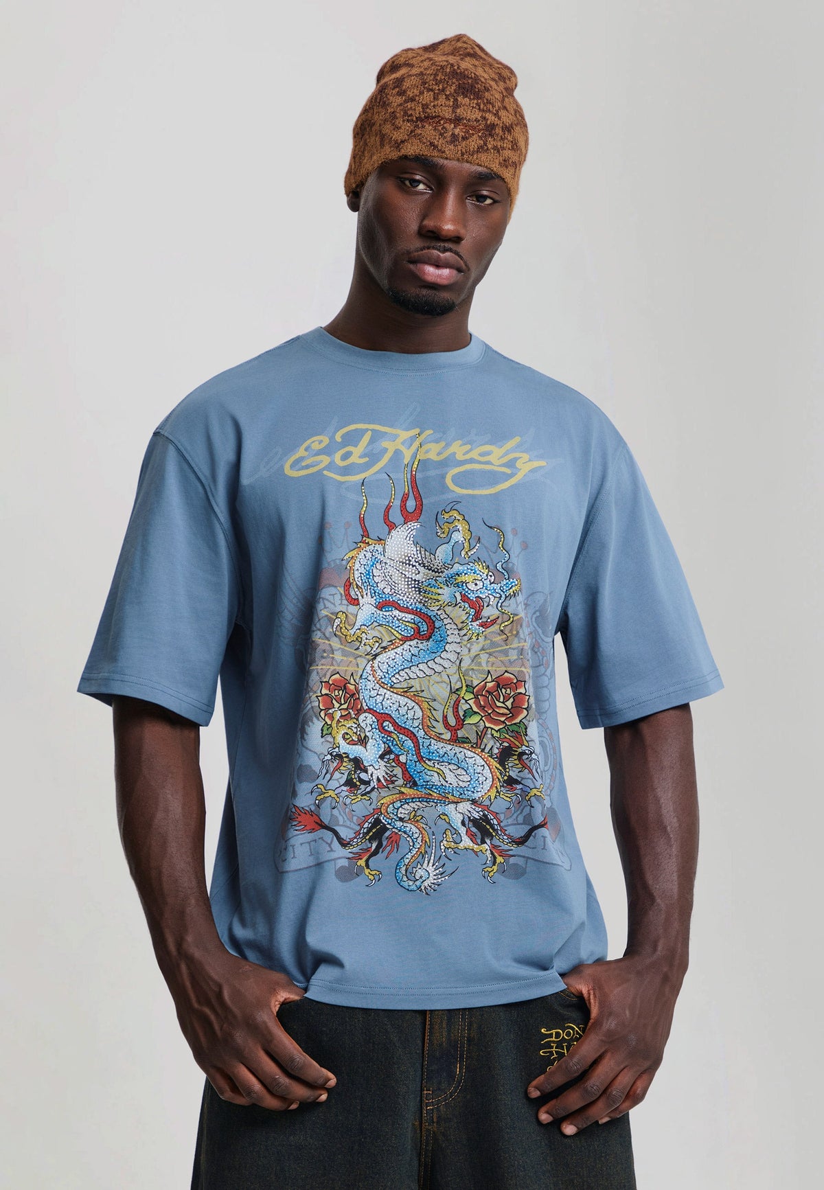 Mens Dragon City Diamante Graphic Relaxed T-Shirt - Blue