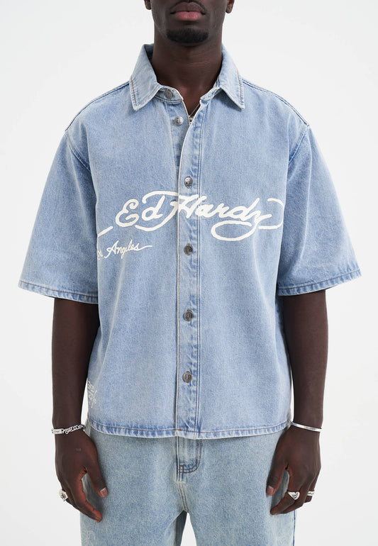 Mens Eagle And Stars Relaxed Denim Shirt - Bleach