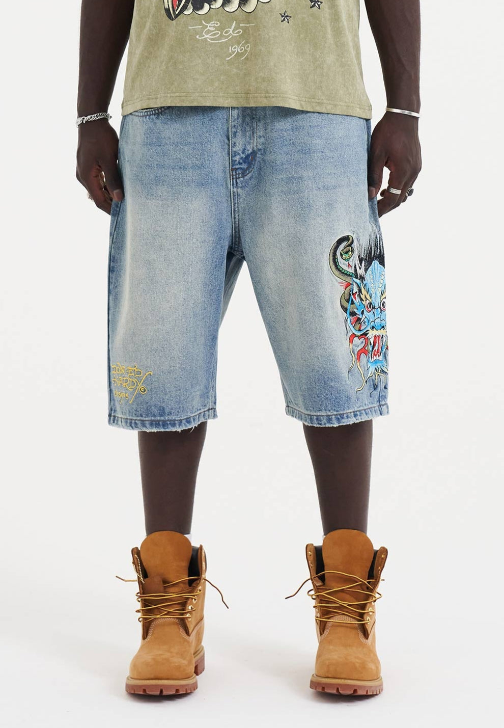 Mens Medusa Drag Denim Skater Jorts Shorts - Bleach