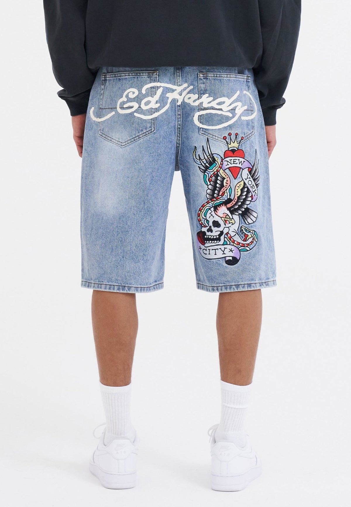 Mens Nyc Skull Denim Jorts Shorts - Bleach