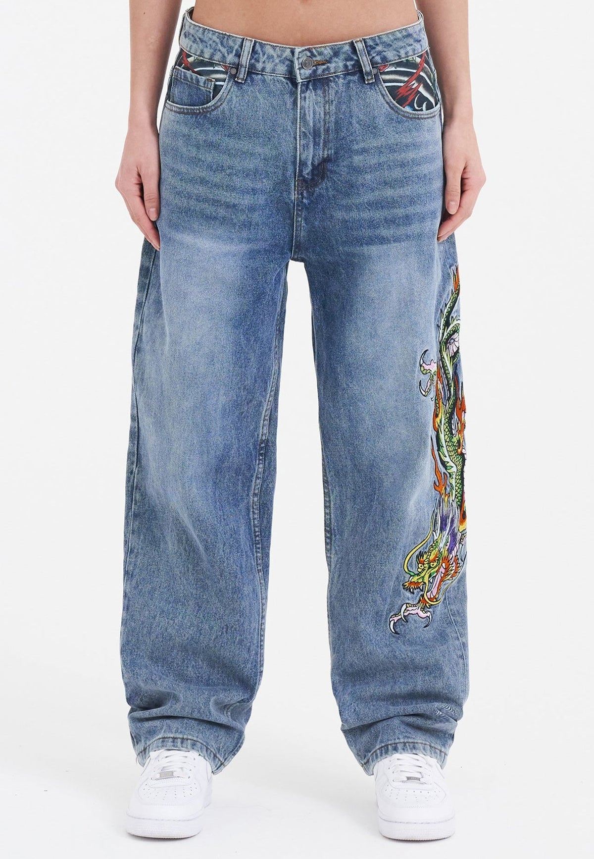 Womens Crawling Dragon Relaxed Fit Denim Trousers Jeans - Bleach