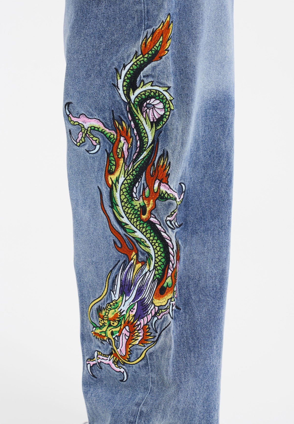 Womens Crawling Dragon Relaxed Fit Denim Trousers Jeans - Bleach
