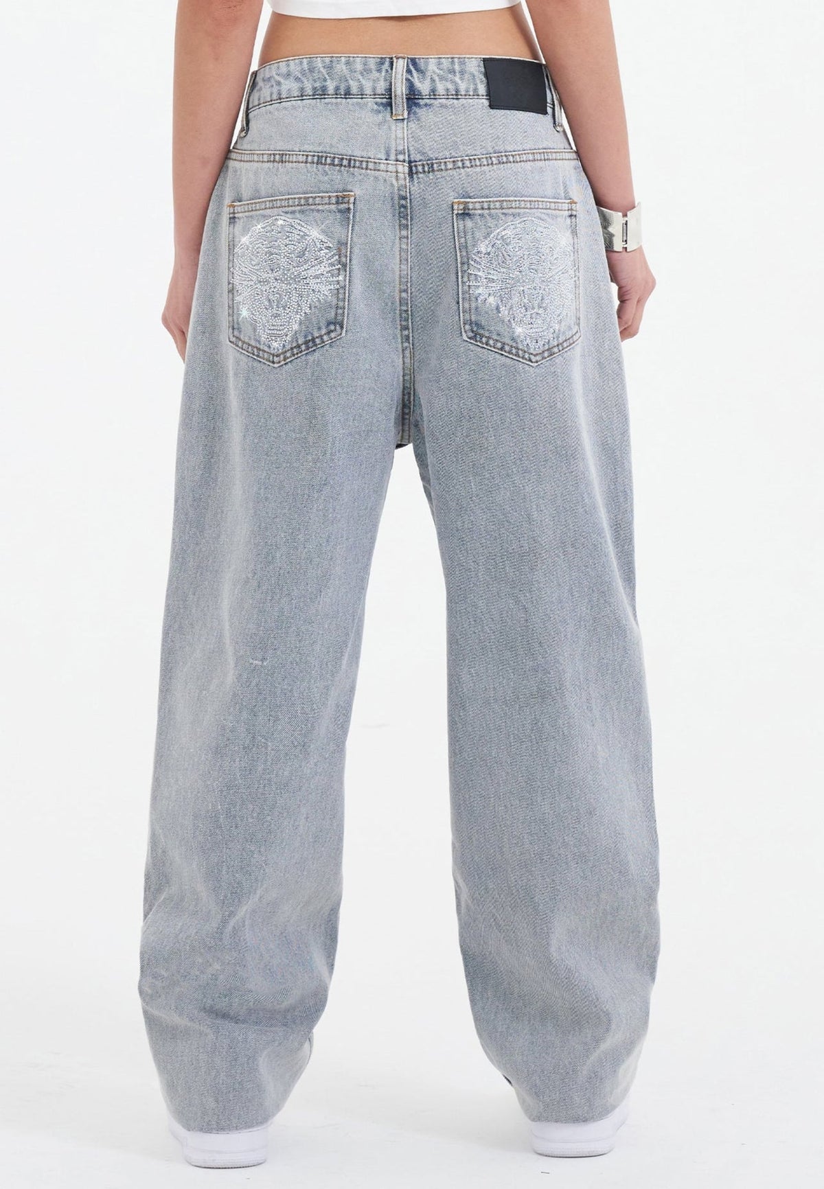 Womens Crystal Roar Diamante Relaxed Denim Trousers Jeans - Bleach