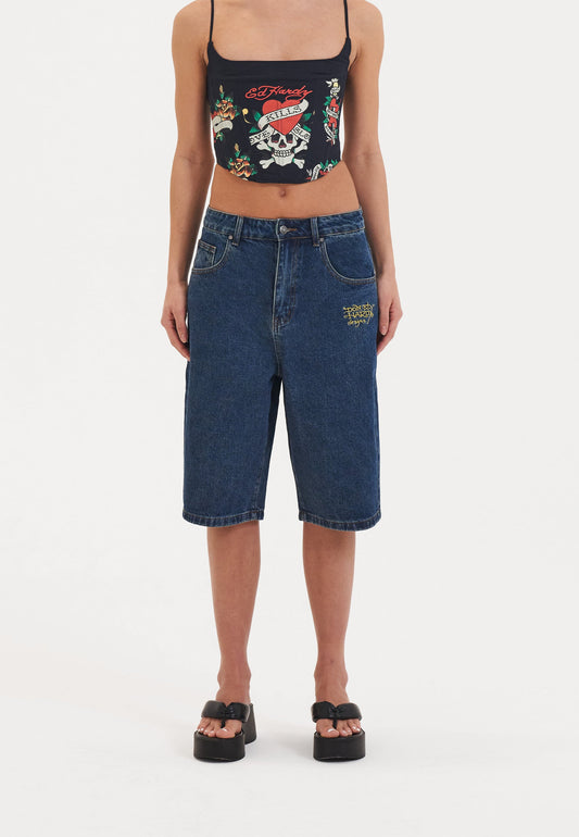 Womens Dragon Crawl Relaxed Denim Jorts Shorts - Indigo
