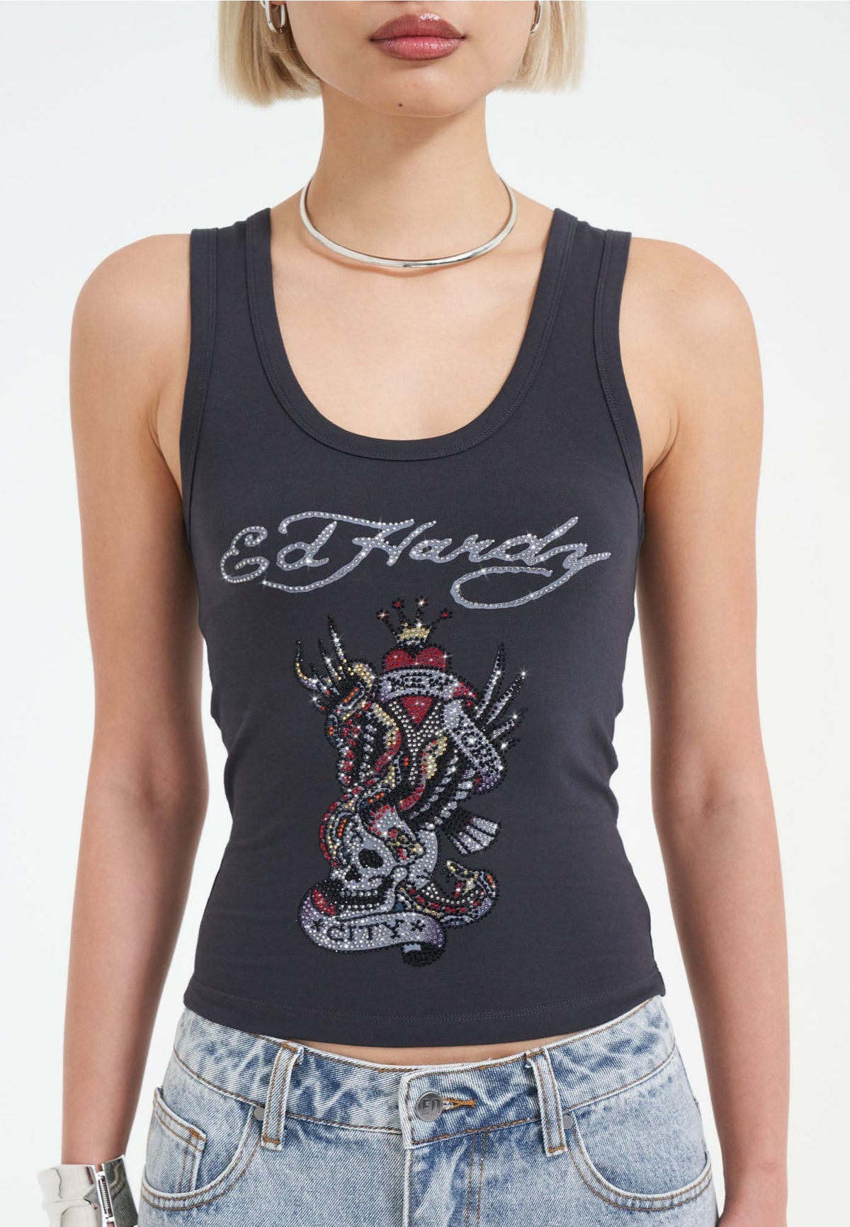 Womens New York City Diamante Cropped Vest - Charcoal