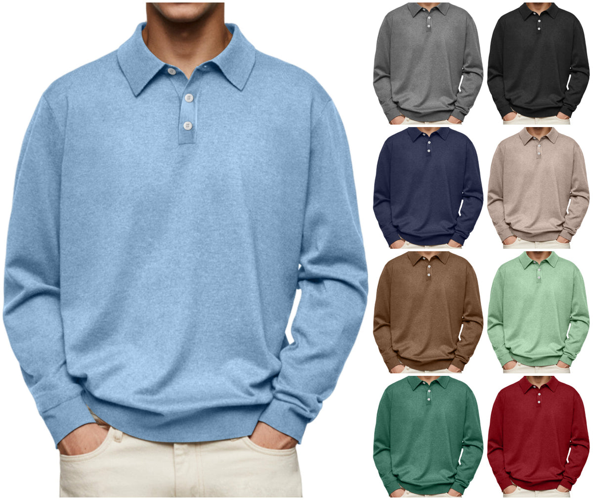 Men's Casual and Comfortable Solid Color Lapel Long Sleeve POLO Shirt