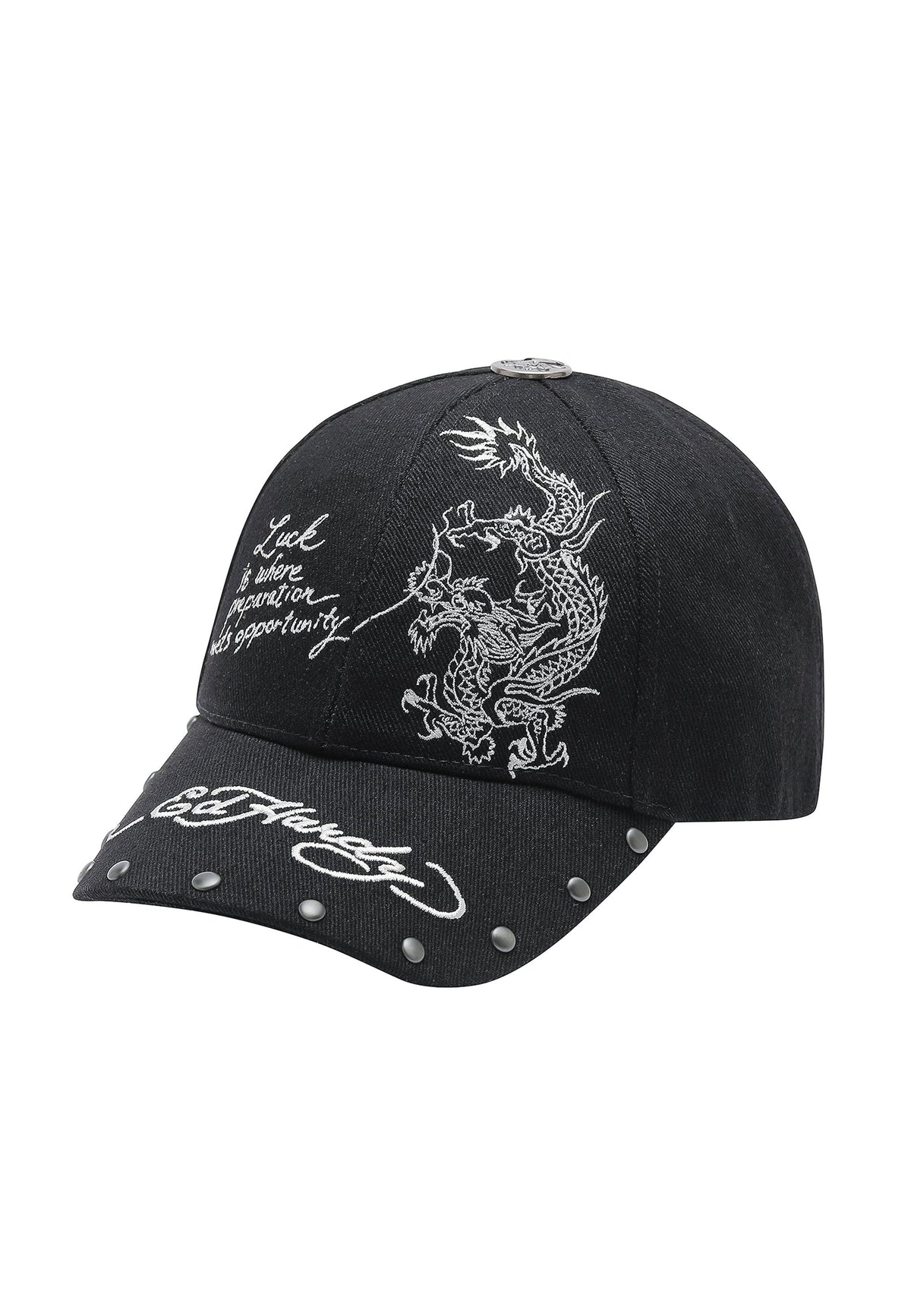 Unisex Lucky Dragon 6 Panel Contrast Stitch Denim Cap - Black