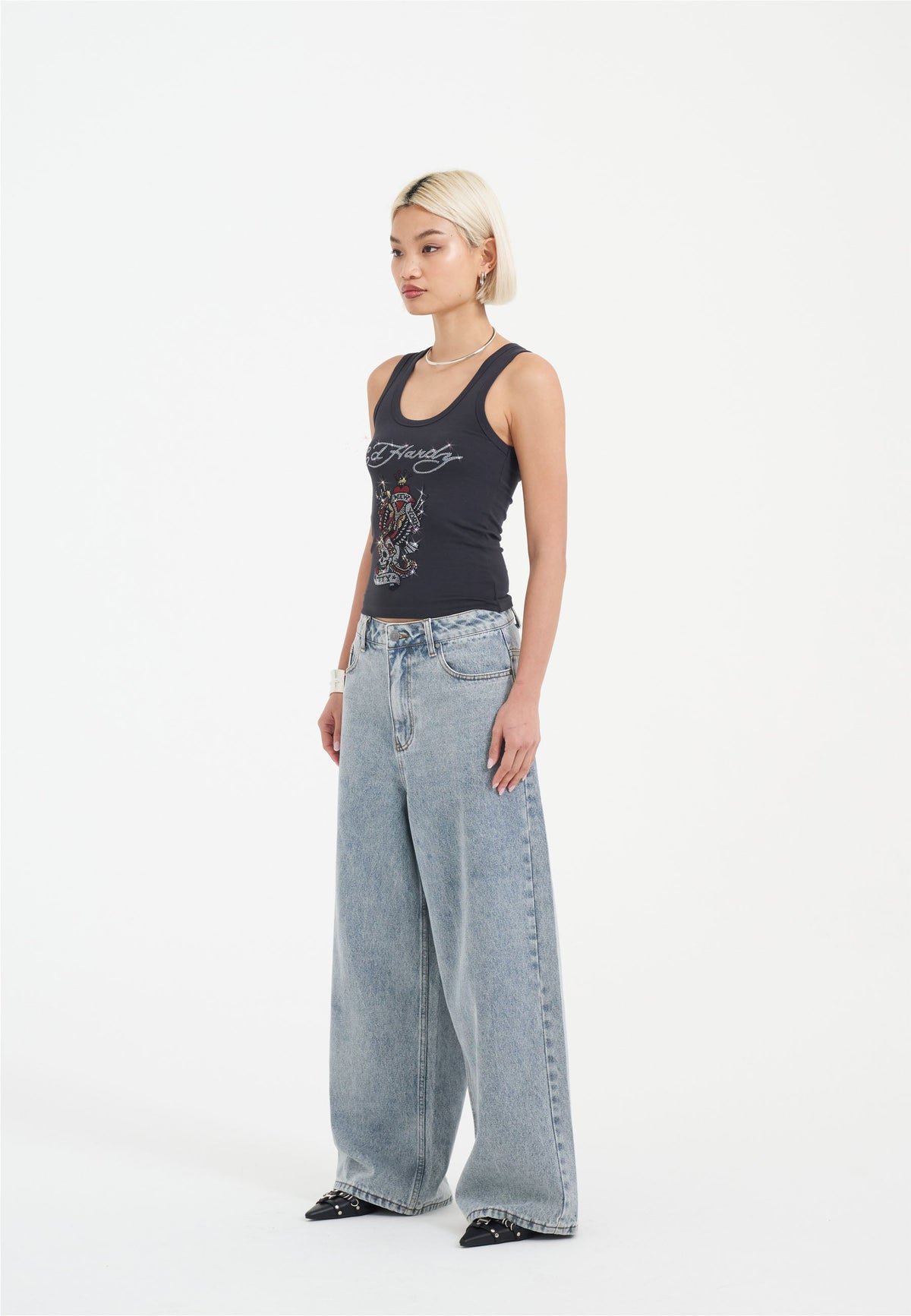 Womens New York City Diamante Cropped Vest - Charcoal